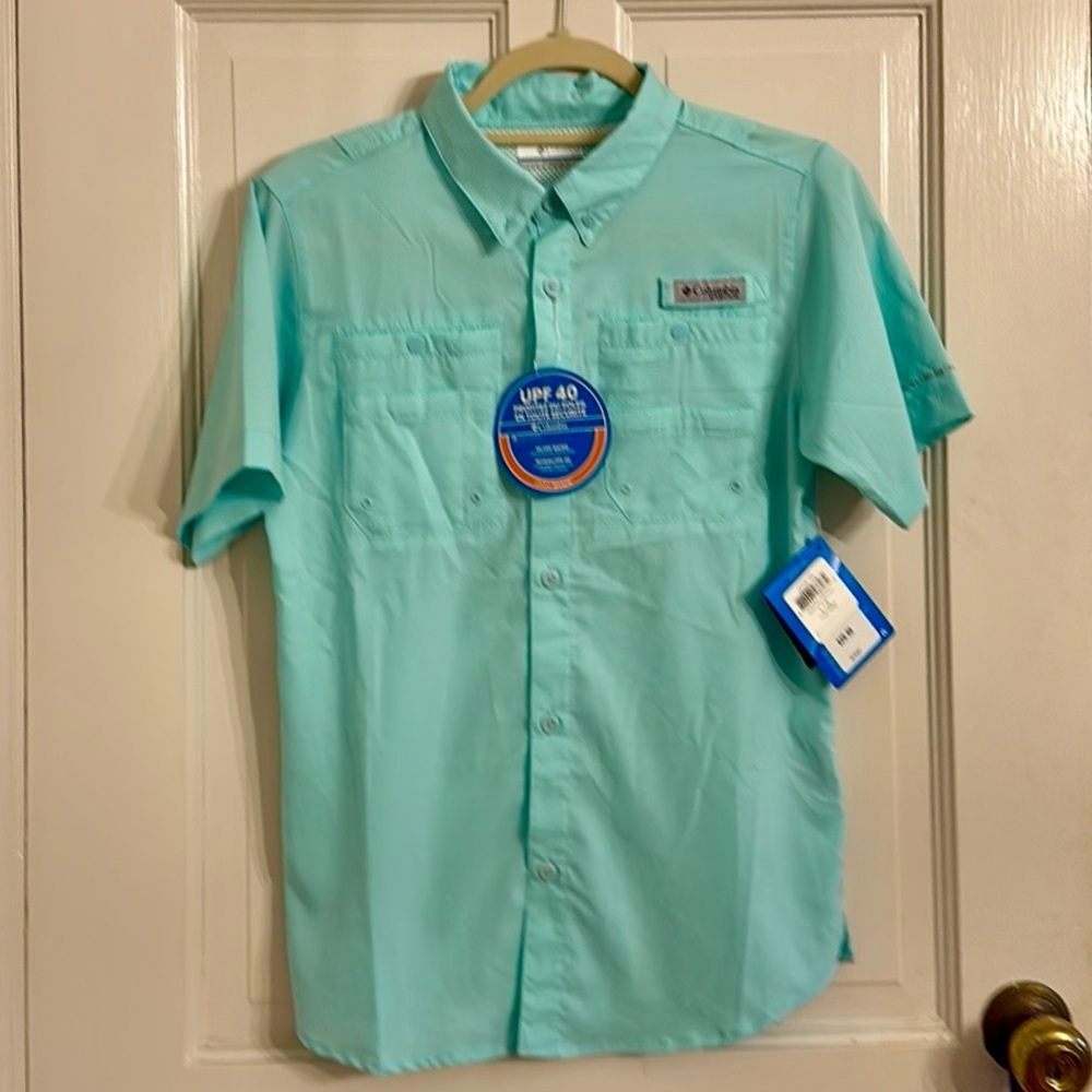 COLUMBIA PFG Boys Tamiami Short Sleeve Shirt Youth L (14/16) Color: Gulf Stream